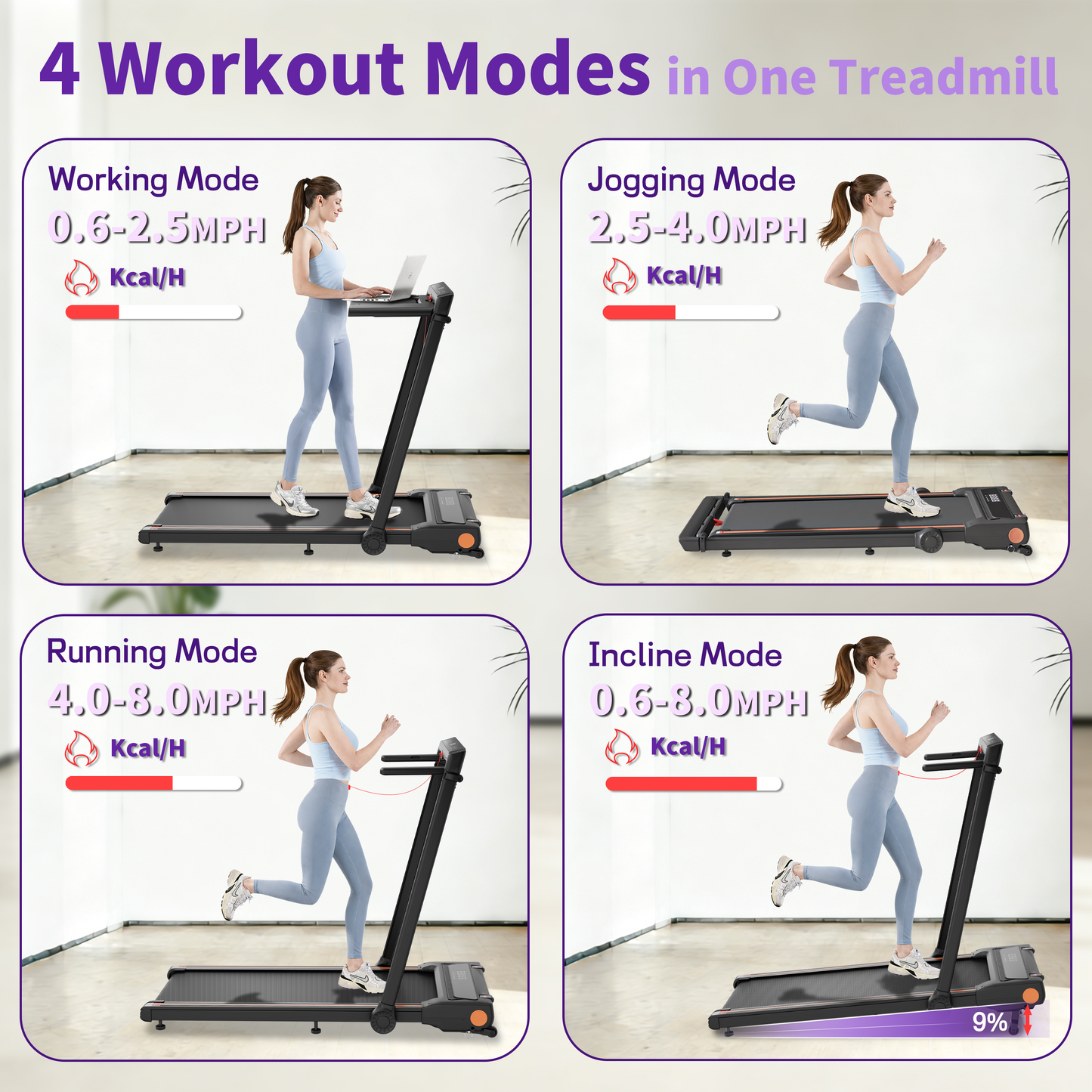 4 Workout Modes in one Treadmill